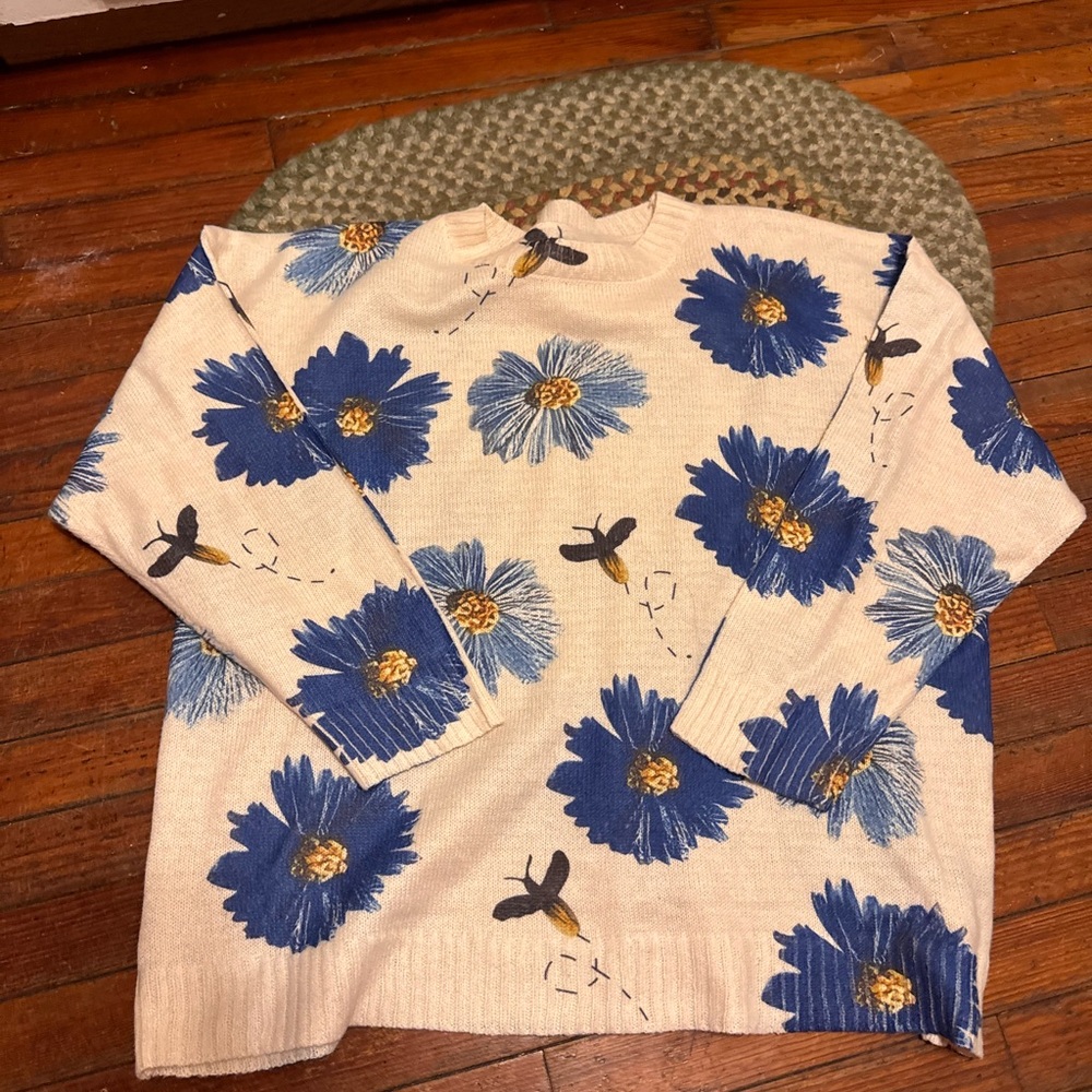 Chic Nation Cream and Blue Floral Sweater